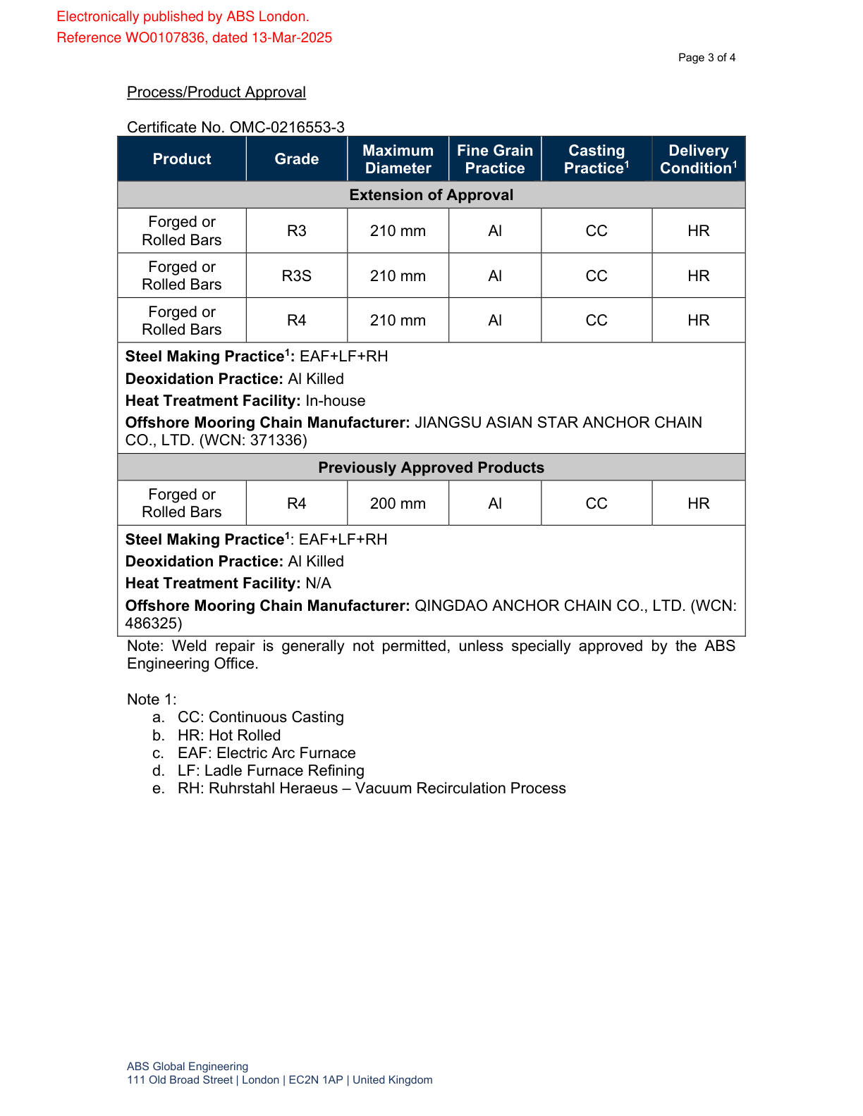 美國船級社證書ABS